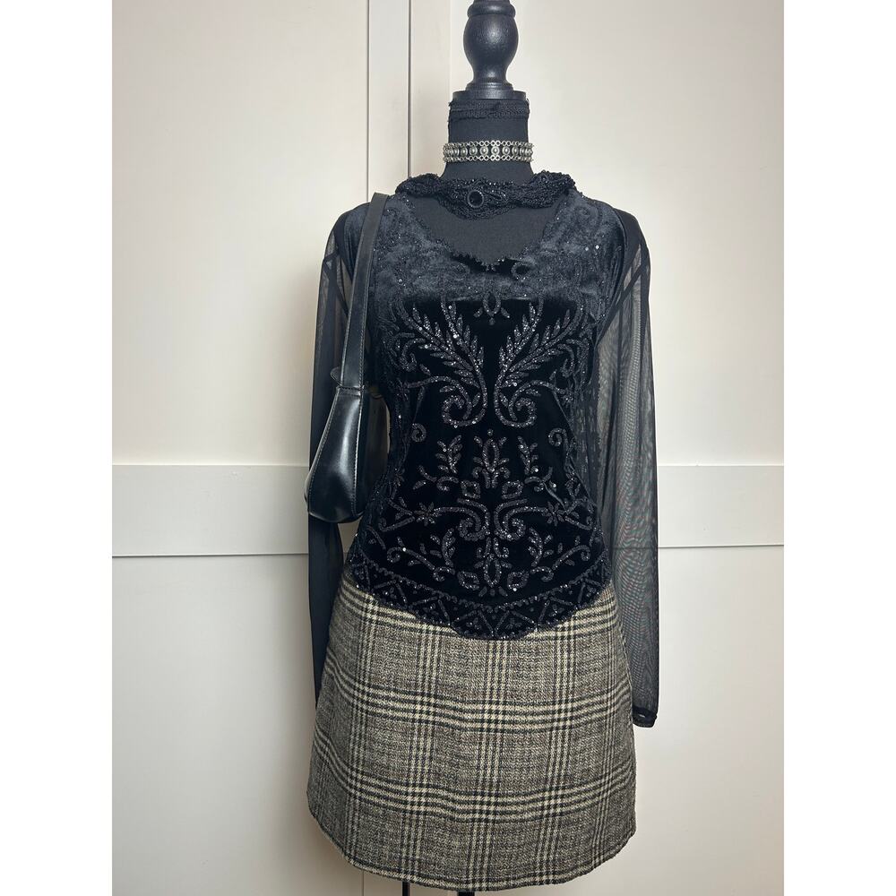Y2K MSK Sheer Neckline Beaded Velvet Going Out Top Night Out Clubwear